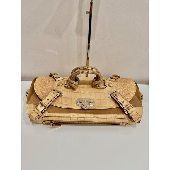 Versace Canyon Crocodile Embossed Leather Suede Medusa Bag Beige Medium - Picture 1 of 11